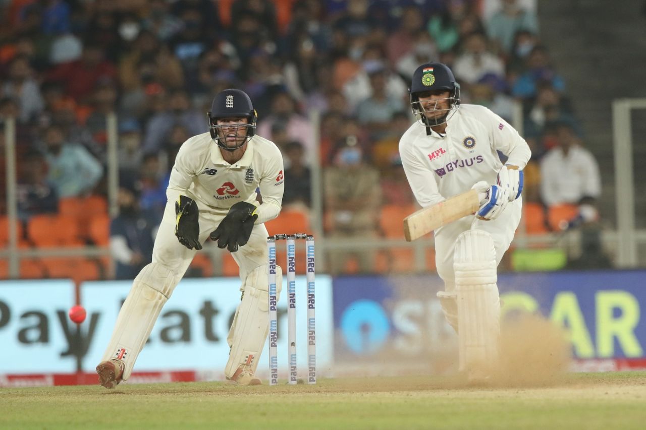 Shubman Gill plays one onto the off side as Ben Foakes looks on, India vs England, 3rd Test, Ahmedabad, Day 2, February 25, 2021