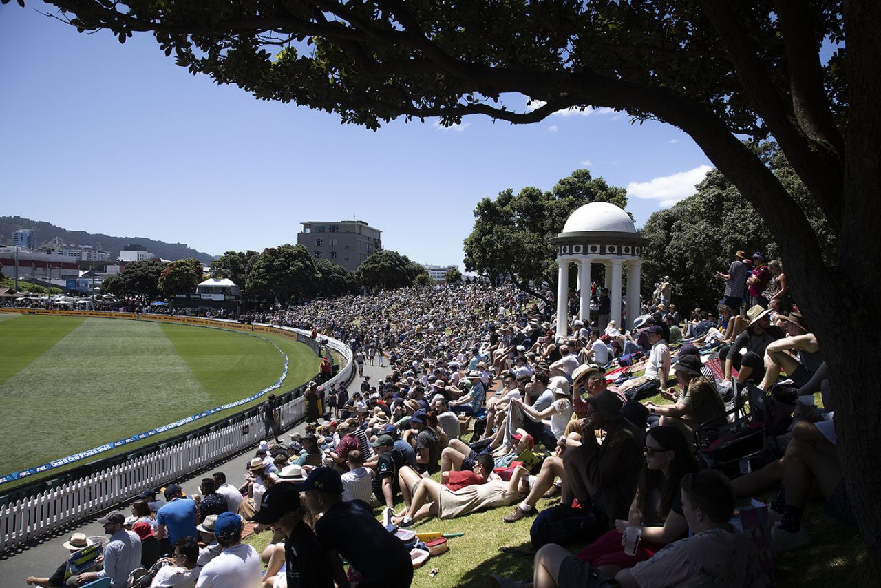 Spectators enjoy cricket in the sun at the Basin Reserve, New Zealand v West Indies, 2nd Test, second day, December 12, 2020