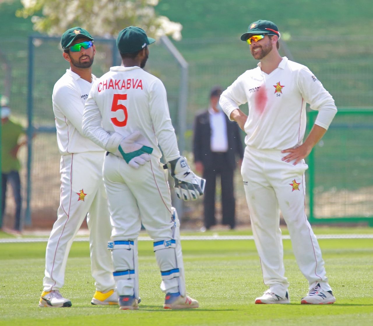 Sikandar Taza, Regis Chakabva and Sean Williams have a chat, Afghanistan vs Zimbabwe, 1st Test, Abu Dhabi, 1st day, March 2, 2021