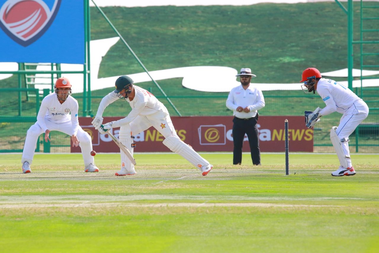 Sean Williams stretches forward to defend, Afghanistan vs Zimbabwe, 1st Test, Abu Dhabi, 2nd day, March 3, 2021