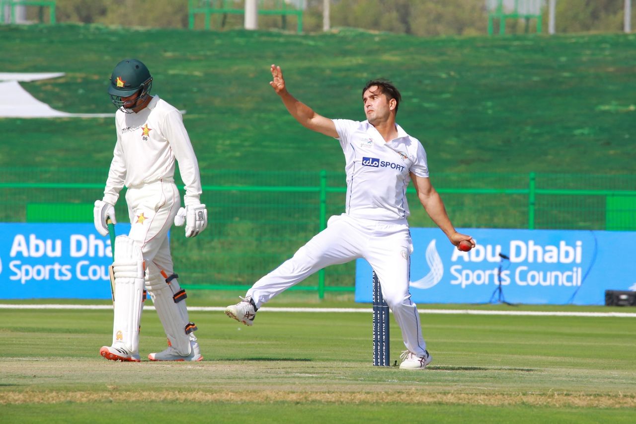 Amir Hamza sends one down, Afghanistan vs Zimbabwe, 1st Test, Abu Dhabi, 2nd day, March 3, 2021