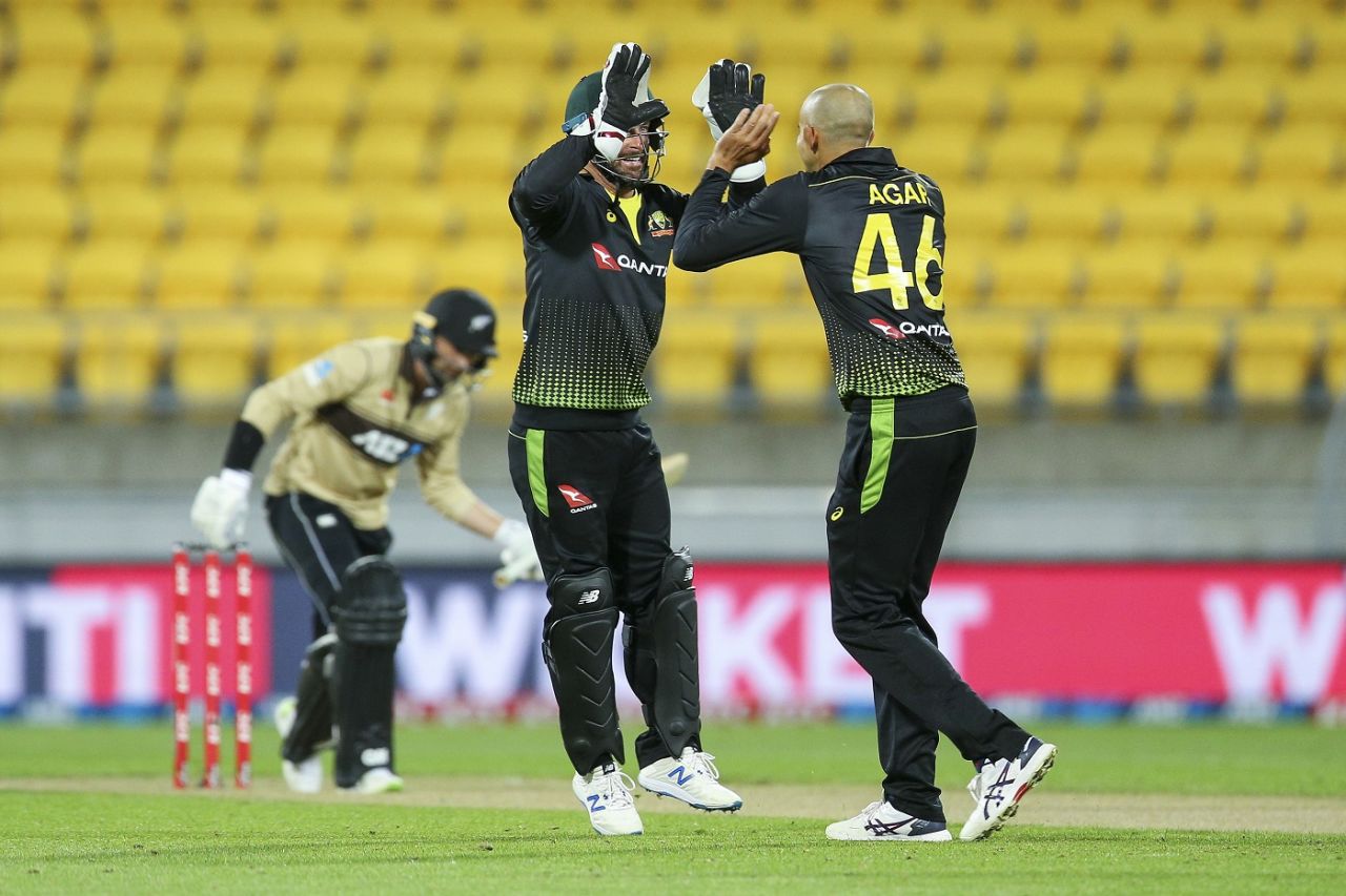 Ashton Agar celebrates the wicket of Devon Conway, New Zealand vs Australia, 3rd T20I, Wellington, March 3, 2021