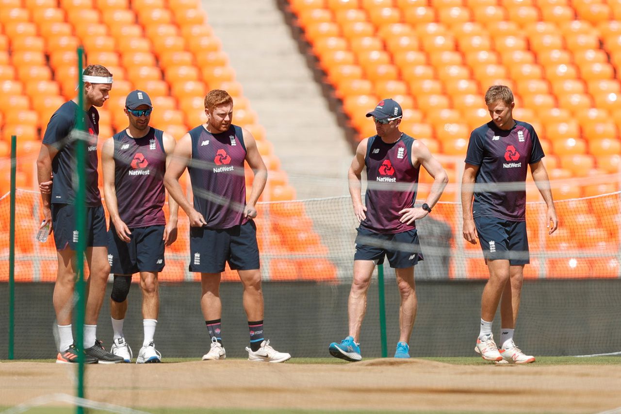 England players inspect the pitch ahead of the 4th Test, Ahmedabad, 2 March 2021