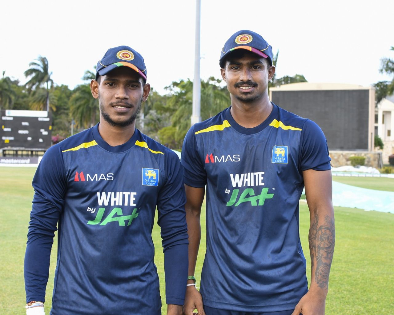 Debutants Pathum Nissanka and Ashen Bandara pose after receiving their T20I caps, West Indies vs Sri Lanka, 1st T20I, Coolidge, March 3, 2021