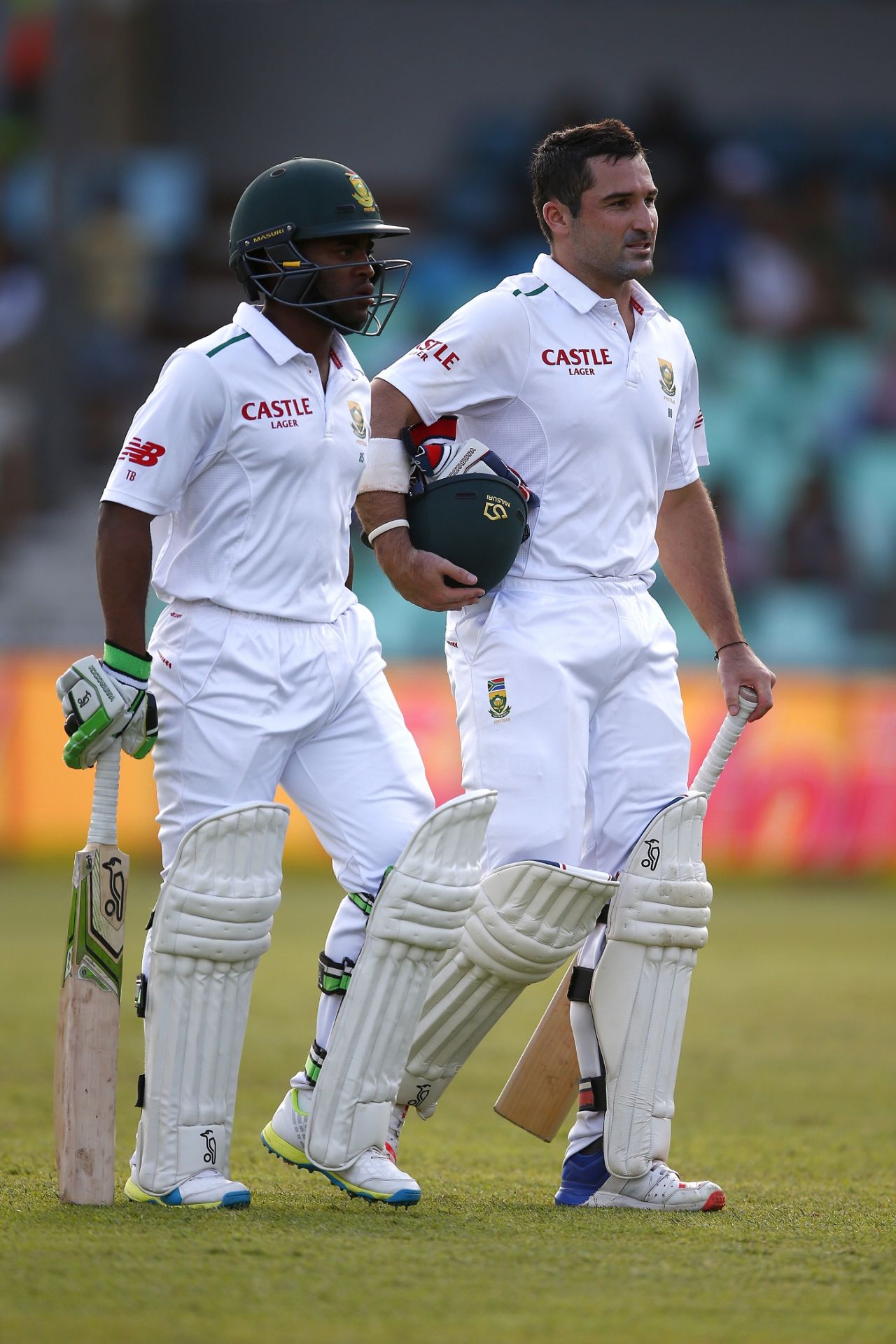 Temba Bavuma and Dean Elgar walk off at the end of the day's play, South Africa v England, 1st Test, Durban, 2nd day, December 27, 2015