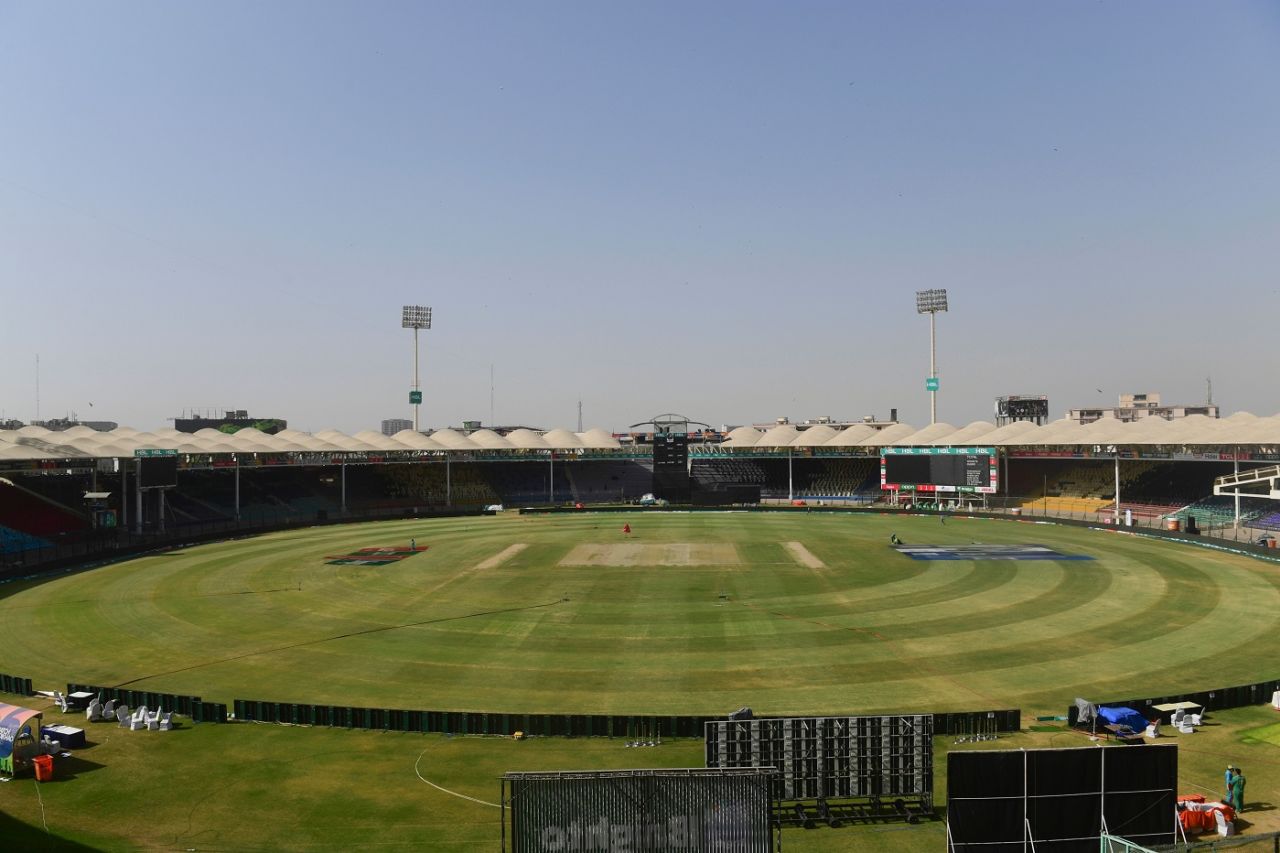 The National Stadium in Karachi wears a forlorn, empty look after PSL 2021 was indefinitely postponed, Karachi, March 4, 2021