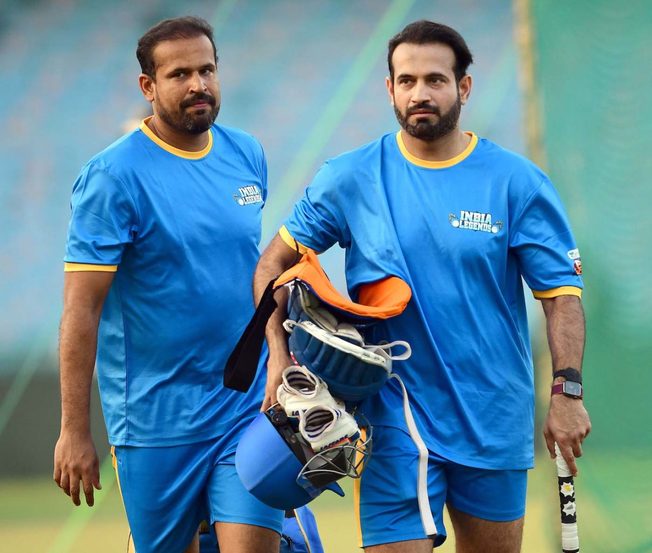 Brothers Yusuf and Irfan Pathan arrive to train in the nets, Road Safety World Series, Raipur, March 4, 2021