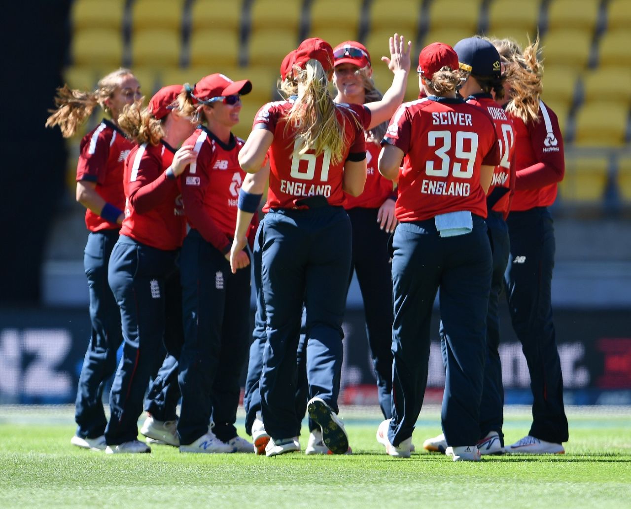 The England players celebrate the wicket of Sophie Devine, New Zealand Women vs England Women, 2nd T20I, Wellington, March 5, 2021