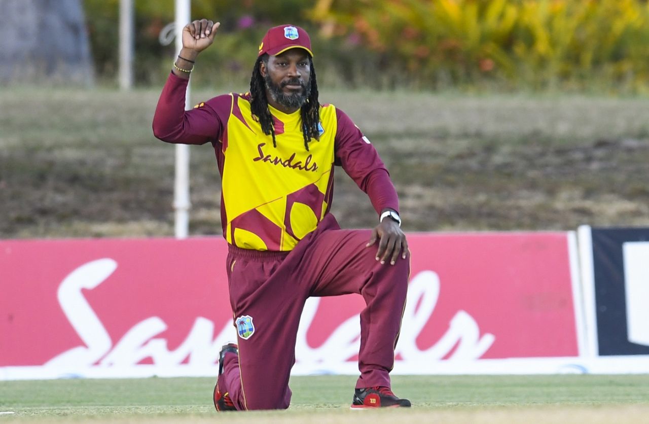 Chris Gayle takes a knee as a gesture of support to the Black Lives Matter movement, West Indies vs Sri Lanka, 2nd T20I, Coolidge, March 5, 2021