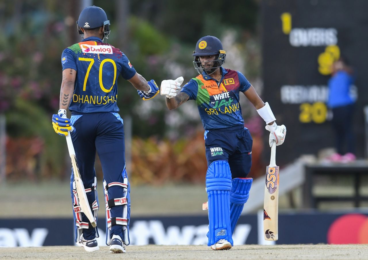 Danushka Gunathilaka and Pathum Nissanka bump fists during their partnership, West Indies vs Sri Lanka, 2nd T20I, Coolidge, March 5, 2021