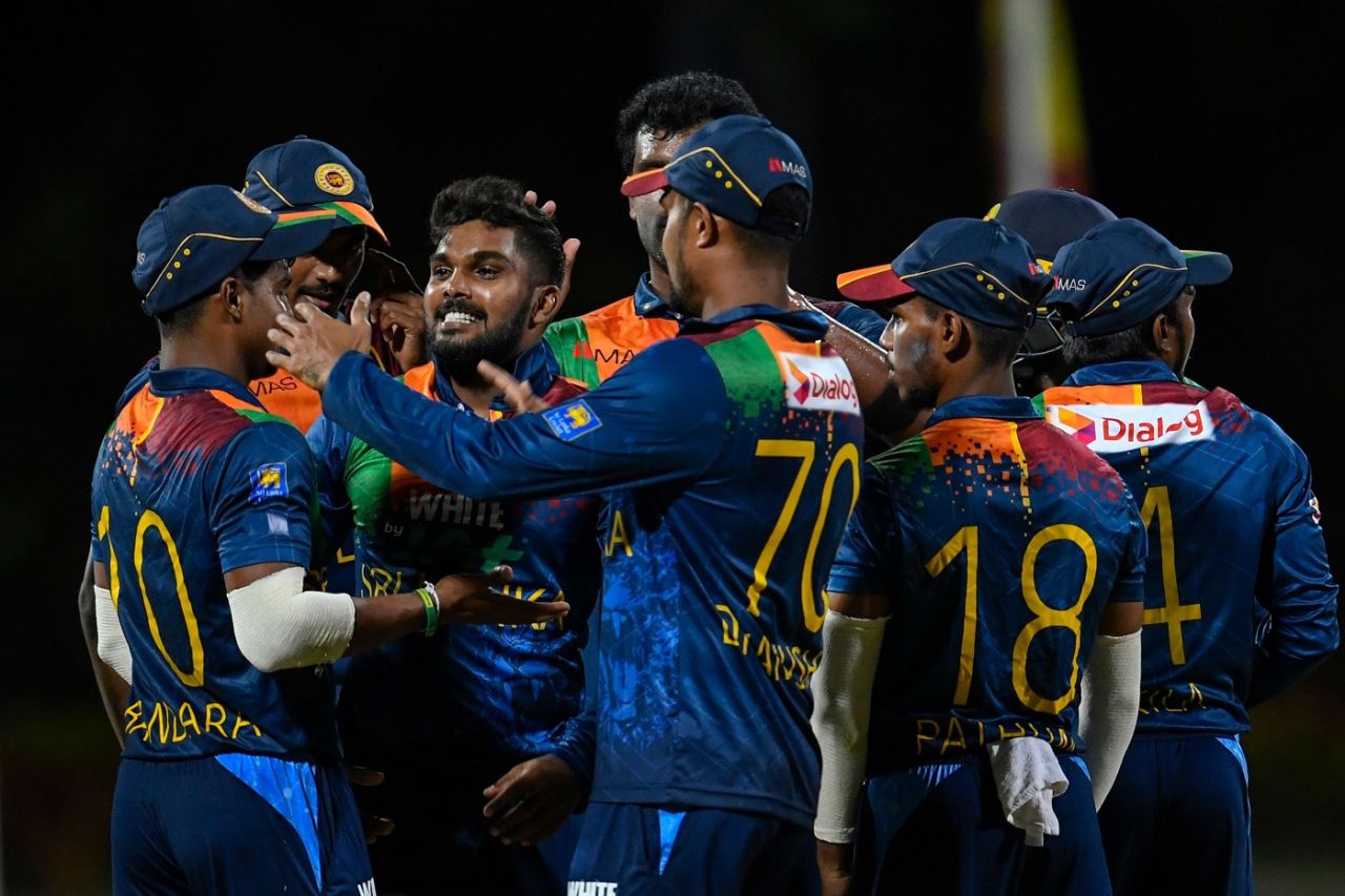 Wanindu Hasaranga celebrates with his team-mates, West Indies vs Sri Lanka, 2nd T20I, Coolidge, March 5, 2021