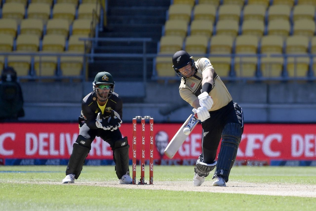 Martin Guptill hits into the leg side, New Zealand vs Australia, 5th T20I, March 7, 2021, Wellington
