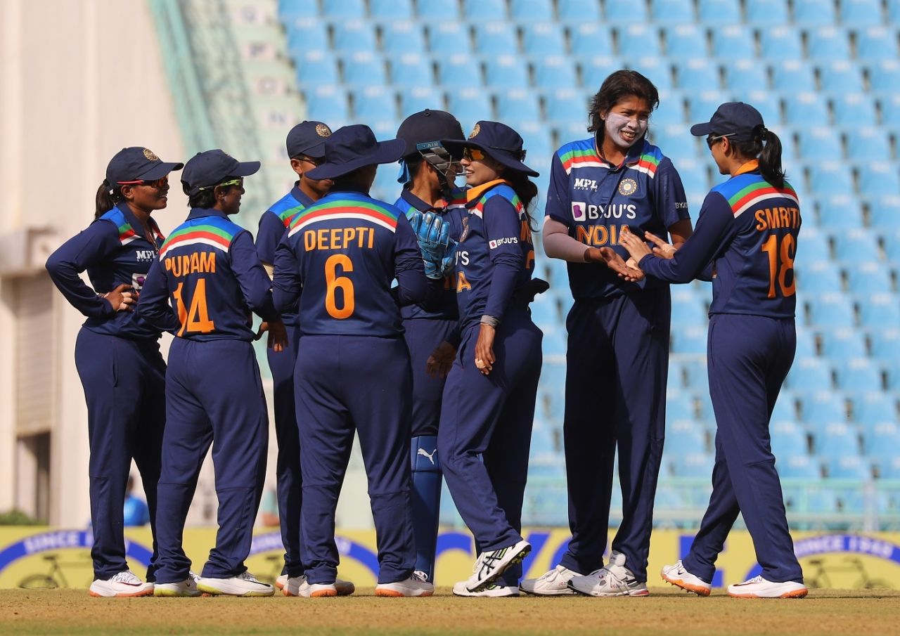 Jhulan Goswami and her team-mates celebrate a wicket, India vs South Africa, 1st Women's ODI, Lucknow, March 7, 2021
