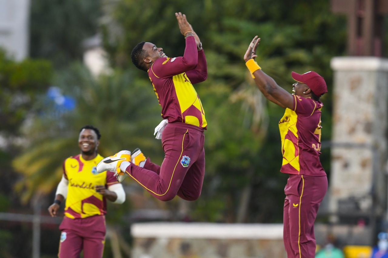 Fabian Allen leaps in joy, West Indies vs Sri Lanka, 3rd T20I, Coolidge, March 7, 2021