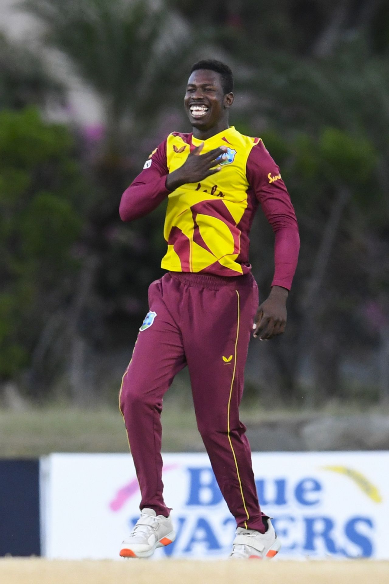 Kevin Sinclair celebrates a wicket, West Indies vs Sri Lanka, 3rd T20I, Coolidge, March 7, 2021