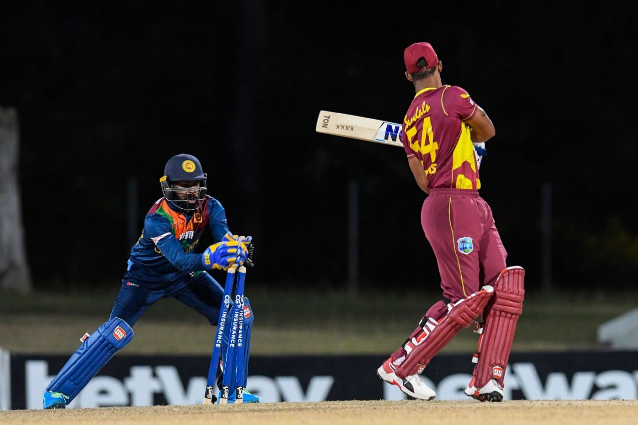 Niroshan Dickwella stumps Lendl Simmons, West Indies vs Sri Lanka, 3rd T20I, Coolidge, March 7, 2021