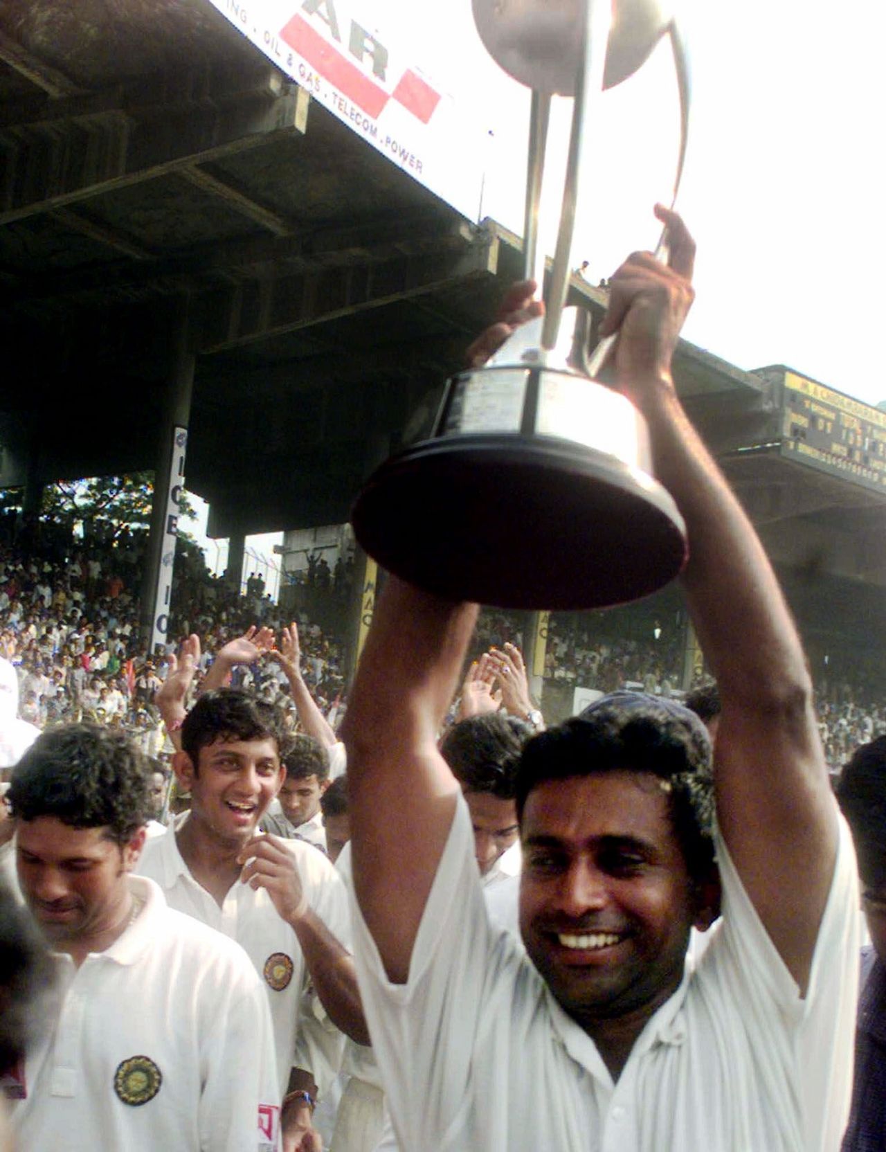 Sameer Dighe holds up the Border-Gavaskar Trophy, India v Australia, 3rd Test, Chennai, 5th day, March 22, 2001