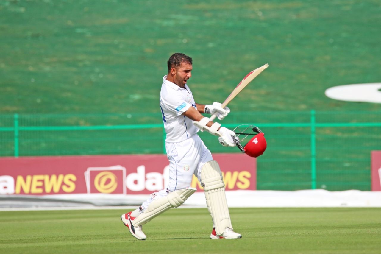 Hashmatullah Shahidi is pumped up after recording Afghanistan's first double-ton in Tests, Afghanistan v Zimbabwe, 2nd Test, 2nd day, Abu Dhabi, March 11, 2021