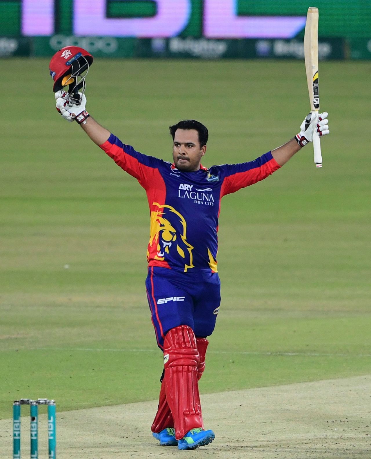 Karachi Kings' Sharjeel Khan celebrates after scoring a century, Karachi, February 24, 2021
