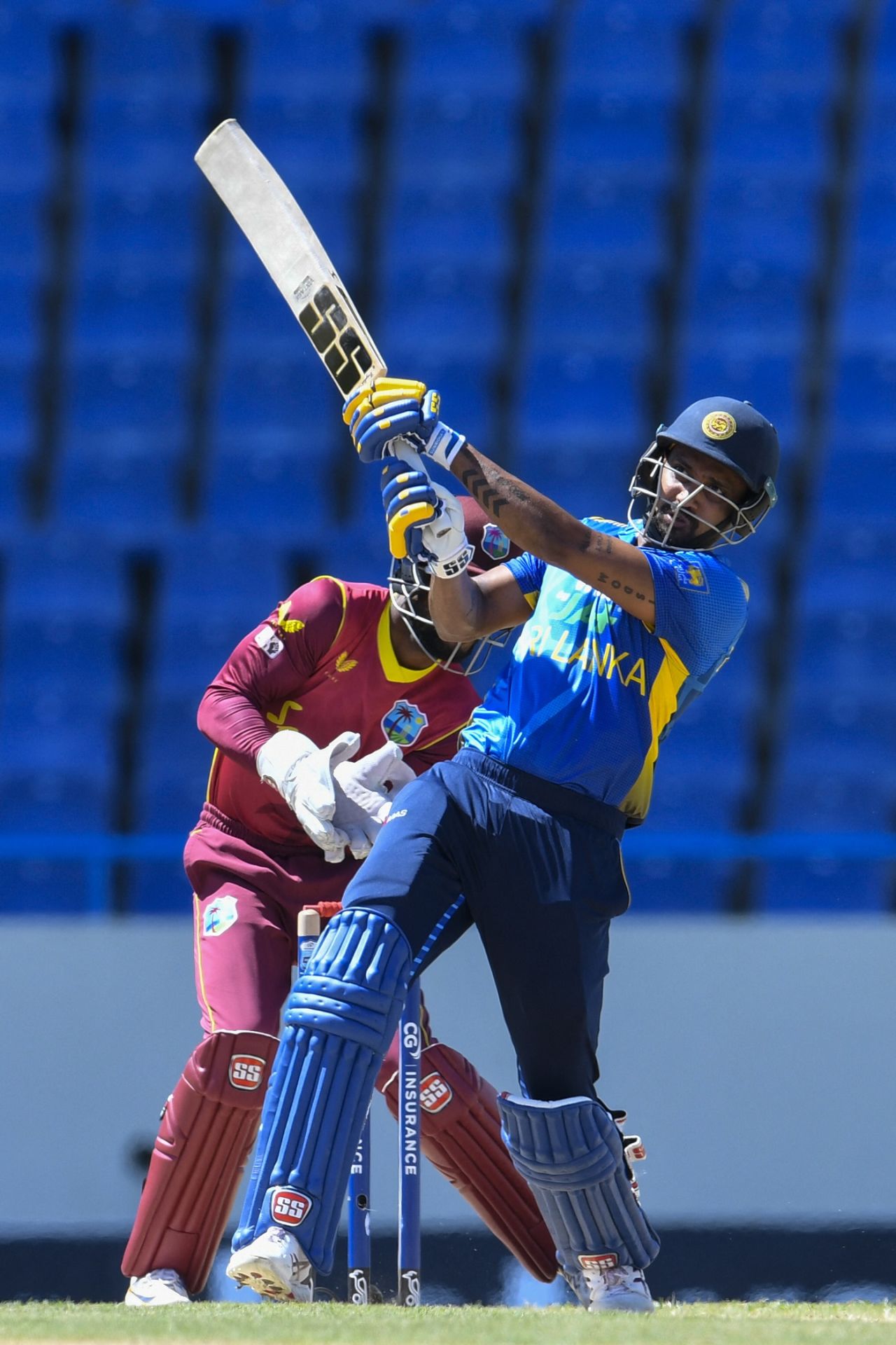Danushka Gunathilaka powers the ball away over midwicket, West Indies vs Sri Lanka, 2nd ODI, North Sound, March 12, 2021