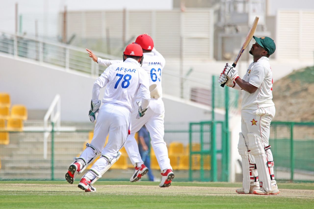 Prince Masvaure wears a dejected look after his dismissal, Afghanistan vs Zimbabwe, 2nd Test, Abu Dhabi, 4th day, March 13, 2021