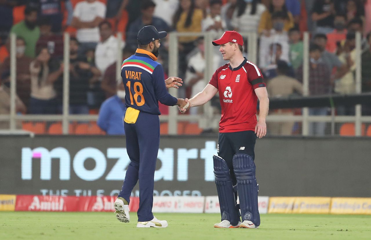Virat Kohli and Eoin Morgan shake hands after England's win, India vs England, 1st T20I, Ahmedabad, March 12, 2021