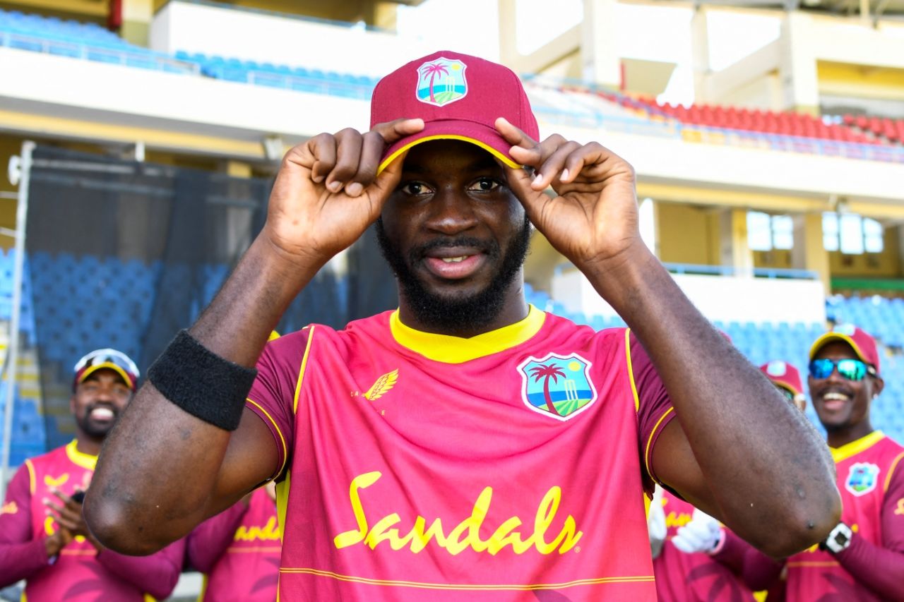 Debutant Anderson Phillip shows off his brand new West Indies cap, West Indies vs Sri Lanka, 3rd ODI, North Sound, March 14, 2021