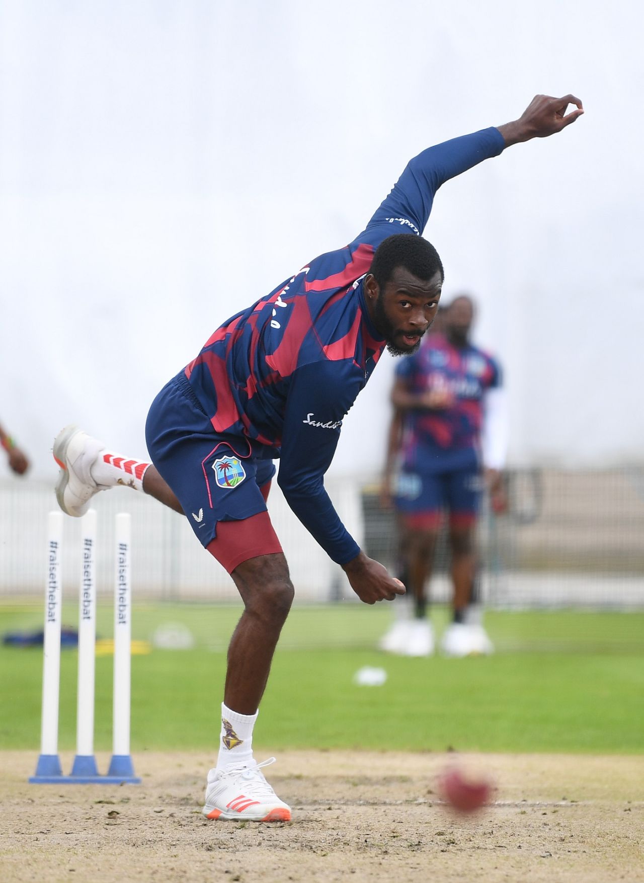 Anderson Phillip bowls during a West Indies nets session, Manchester, July 23, 2020
