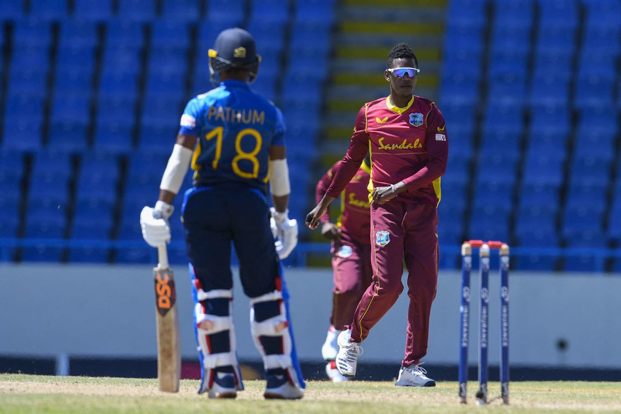 Akeal Hosein snared Pathum Nissanka in his second over, West Indies vs Sri Lanka, 3rd ODI, North Sound, March 14, 2021