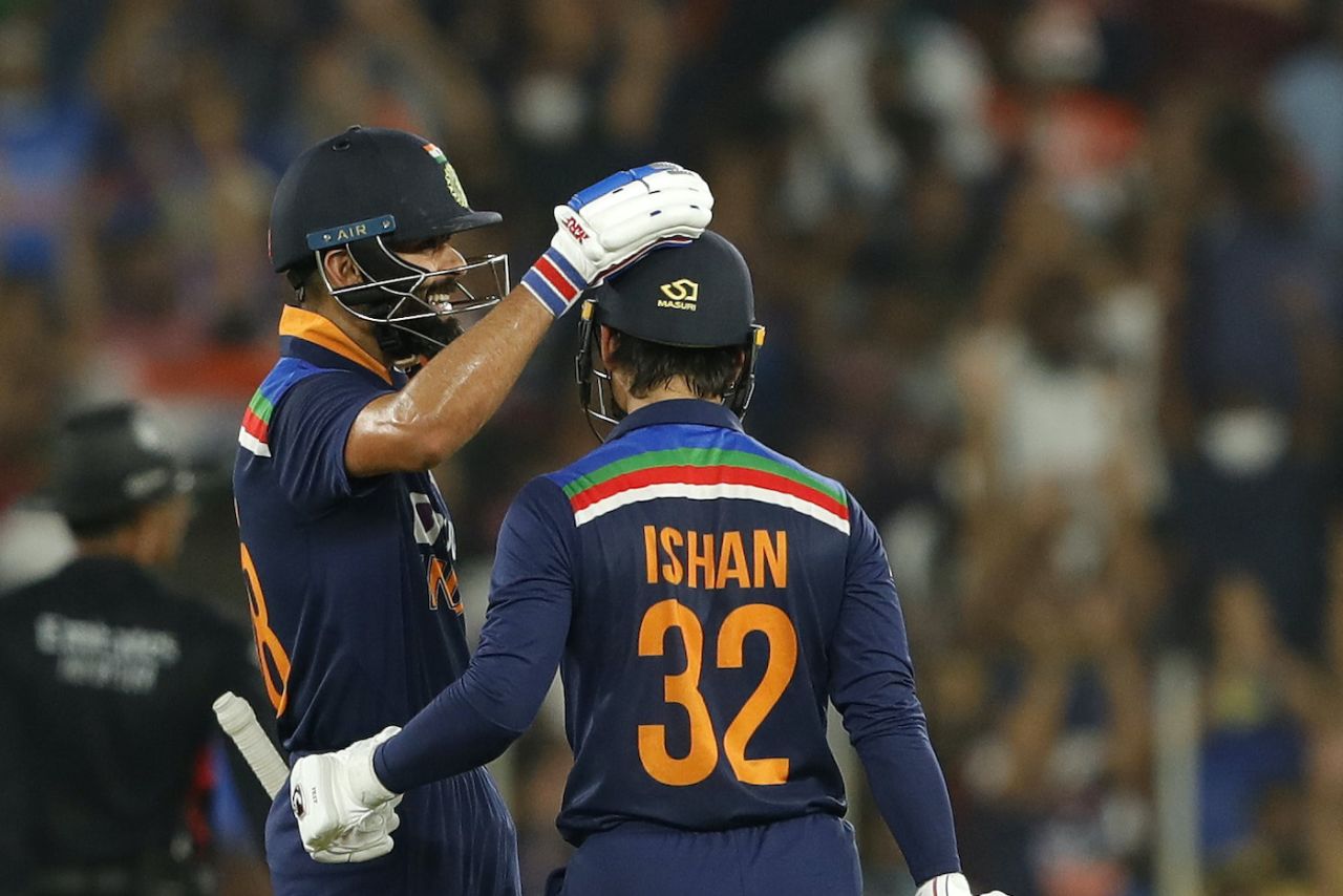 Ishan Kishan gets a pat from Virat Kohli after one of his monster hits, India vs England, 2nd T20I, Ahmedabad, March 14, 2021
