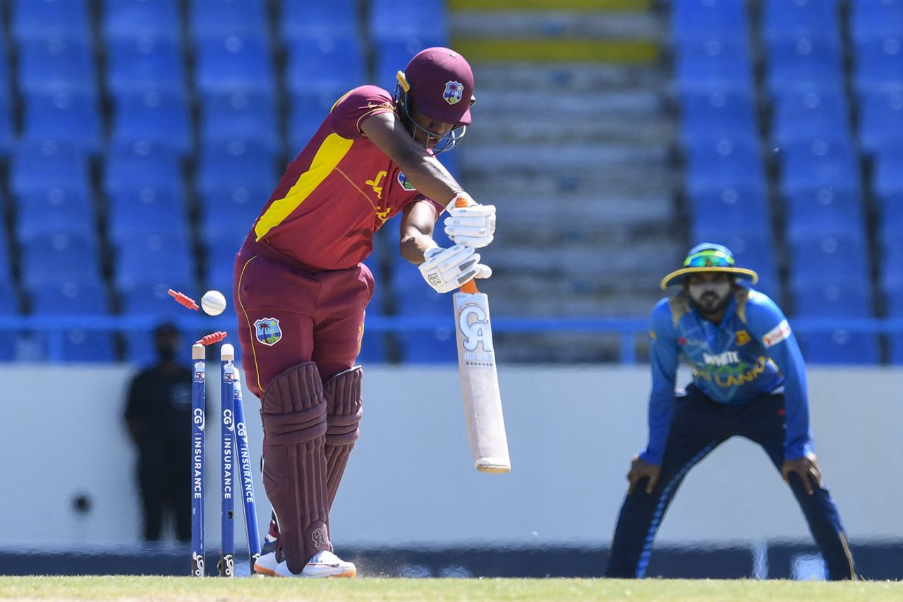 Evin Lewis loses his off stump, West Indies vs Sri Lanka, 3rd ODI, North Sound, March 14, 2021