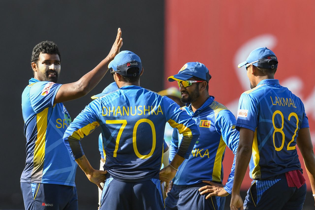 Thisara Perera celebrates a wicket, West Indies vs Sri Lanka, 3rd ODI, North Sound, March 14, 2021