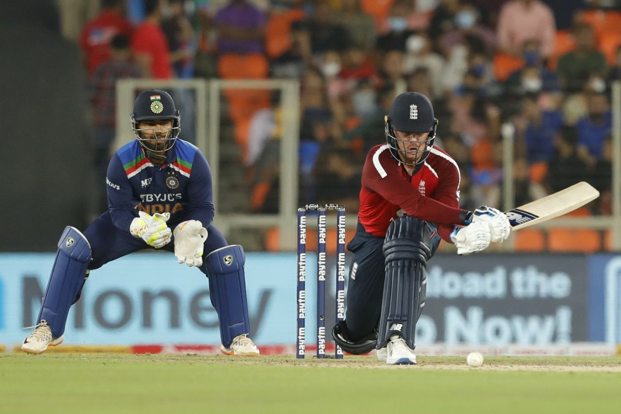 Jason Roy attempts a reverse sweep, India vs England, 2nd T20I, Ahmedabad, March 14, 2021