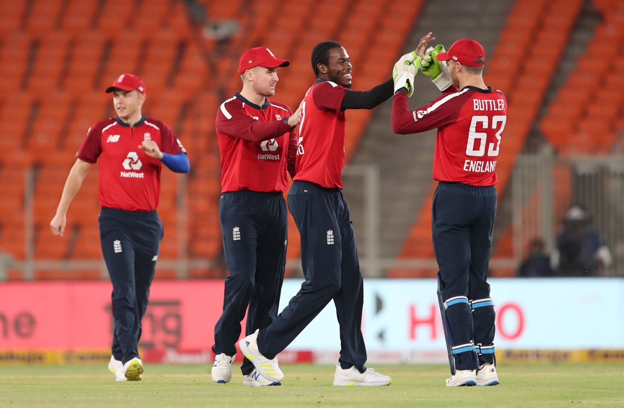 Jofra Archer celebrates his caught-and-bowled dismissal of Rohit Sharma, India vs England, 4th T20I, Ahmedabad, March 18, 2021