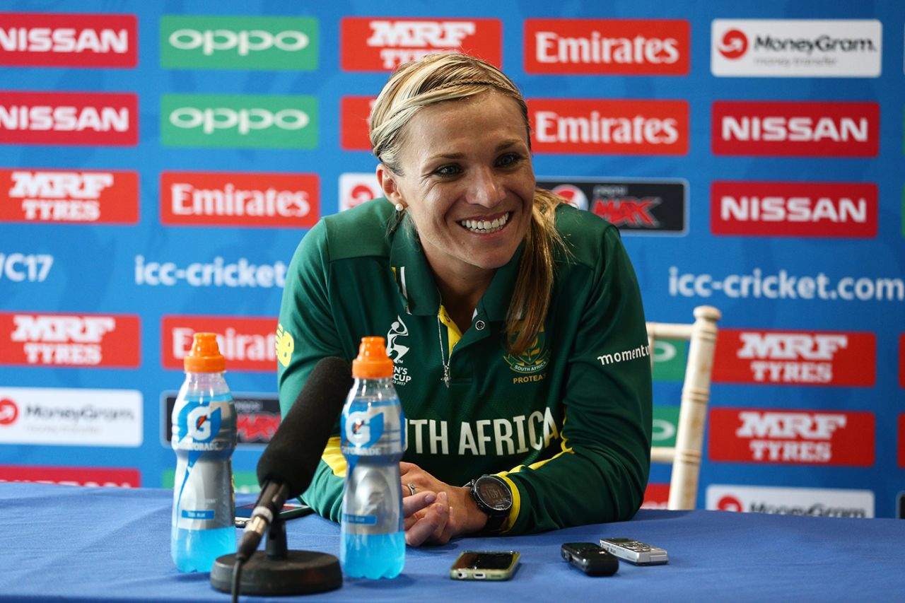 Mignon du Preez smiles during a press conference, New Zealand v South Africa, Women's World Cup, Derby, June 28, 2017