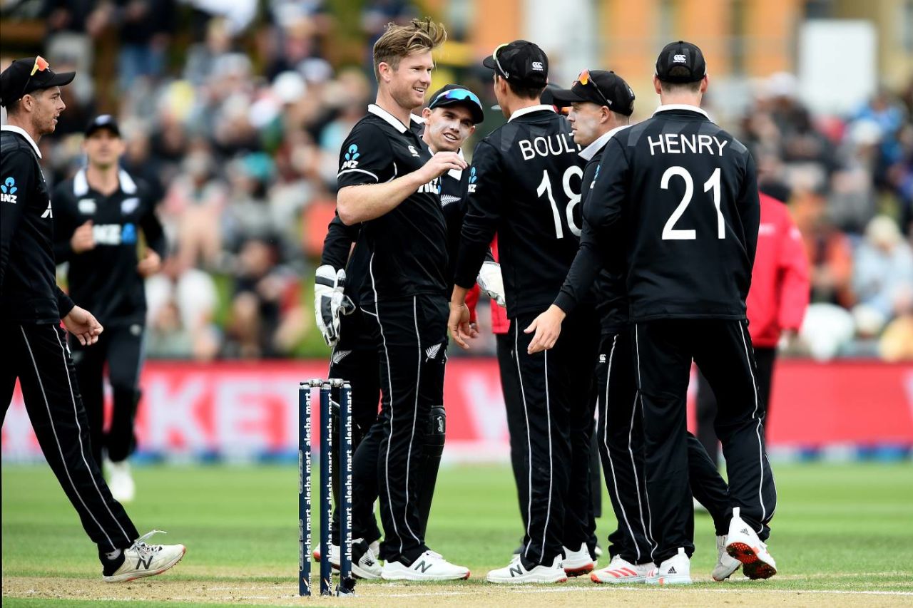 Jimmy Neesham celebrates a wicket, New Zealand vs Bangladesh, 1st ODI, Dunedin, March 20, 2021