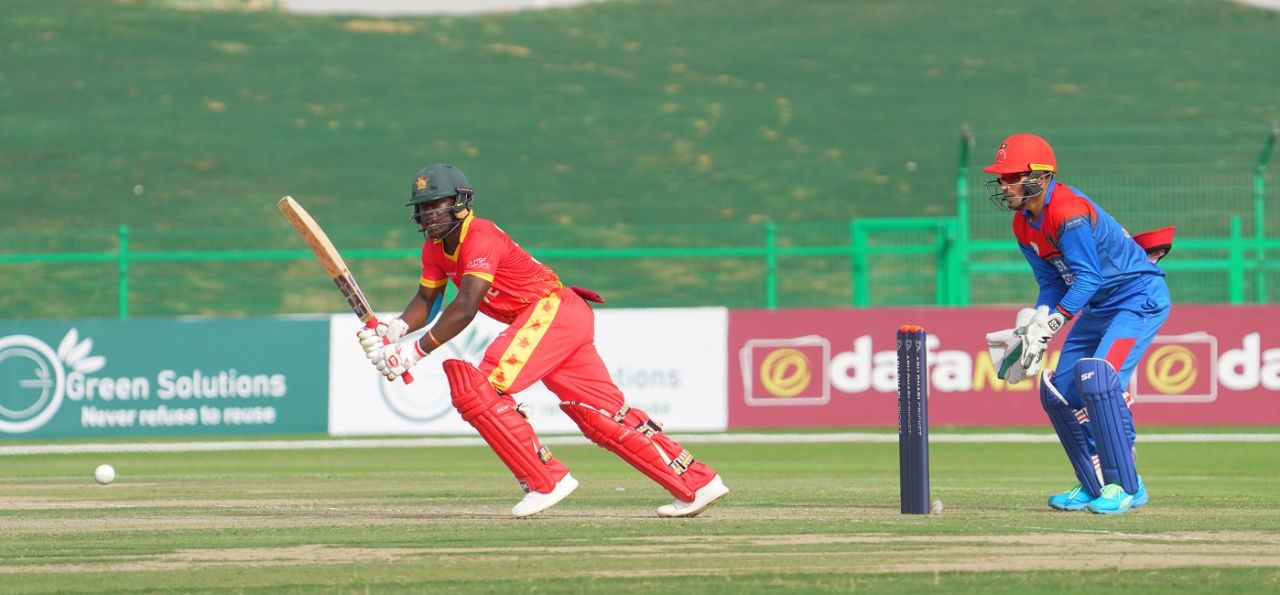 Tarisai Musakanda taps the ball in the direction of midwicket, Afghanistan vs Zimbabwe, 3rd T20I, Abu Dhabi, March 20, 2021