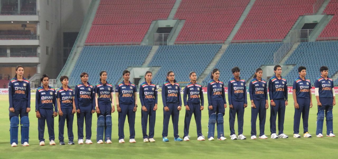 The India players line-up for the national anthem, India Women vs South Africa Women, 1st T20I, Lucknow, March 20, 2021