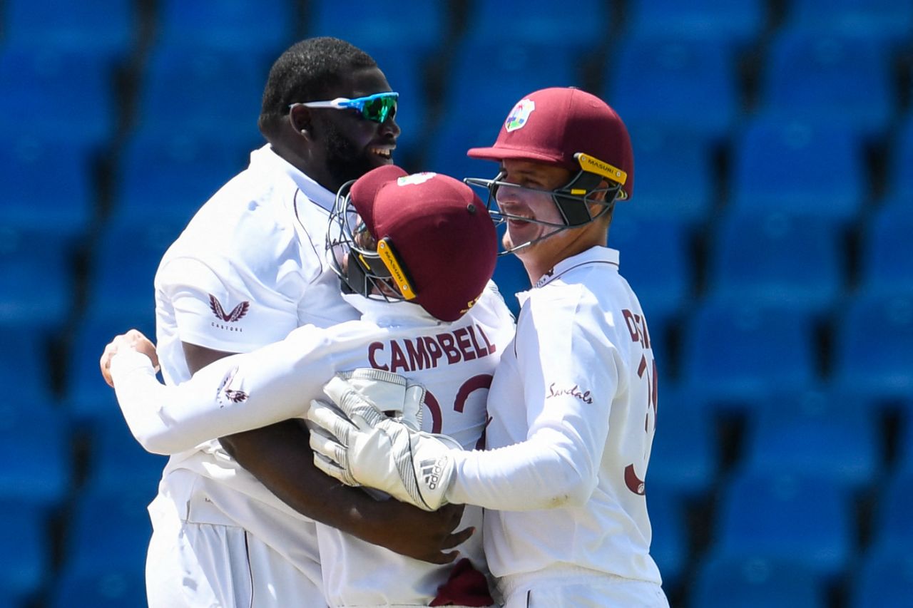 Rahkeem Cornwall celebrates claiming the opening wicket of Dimuth Karunaratne, West Indies vs Sri Lanka, 1st Test, North Sound, 1st day, March 21, 2021