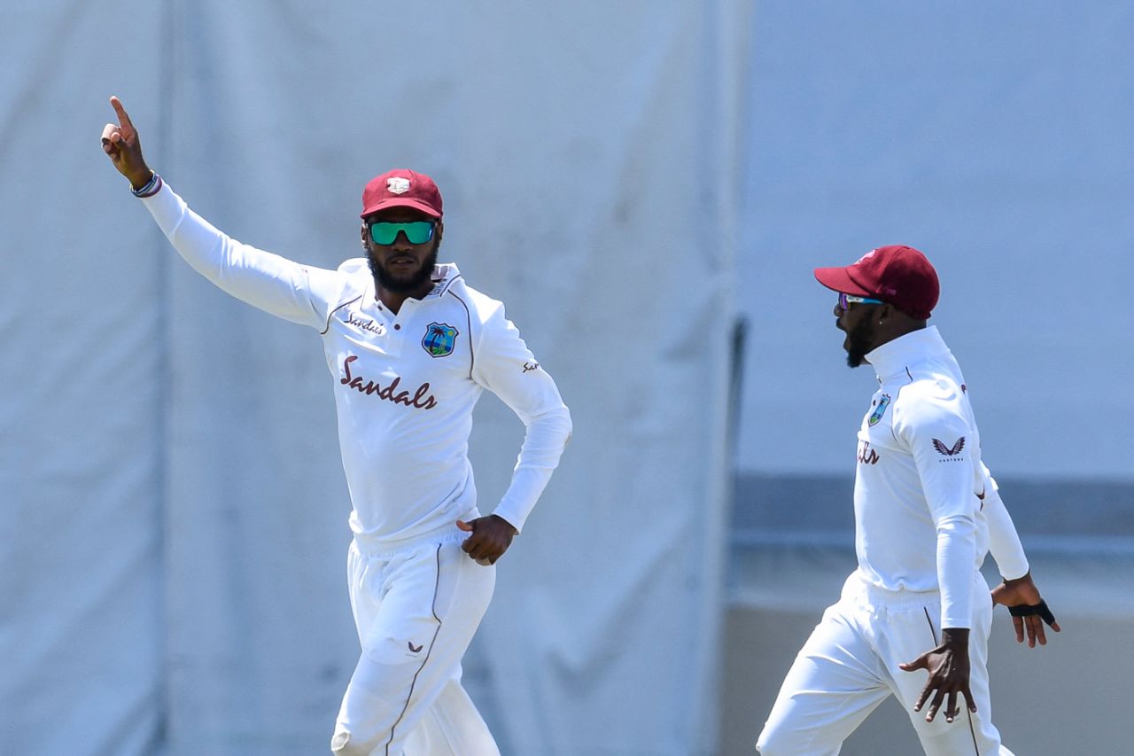 Kraigg Brathwaite celebrates after firing a direct hit to run out Oshada Fernando, West Indies vs Sri Lanka, 1st Test, North Sound, 1st day, March 21, 2021