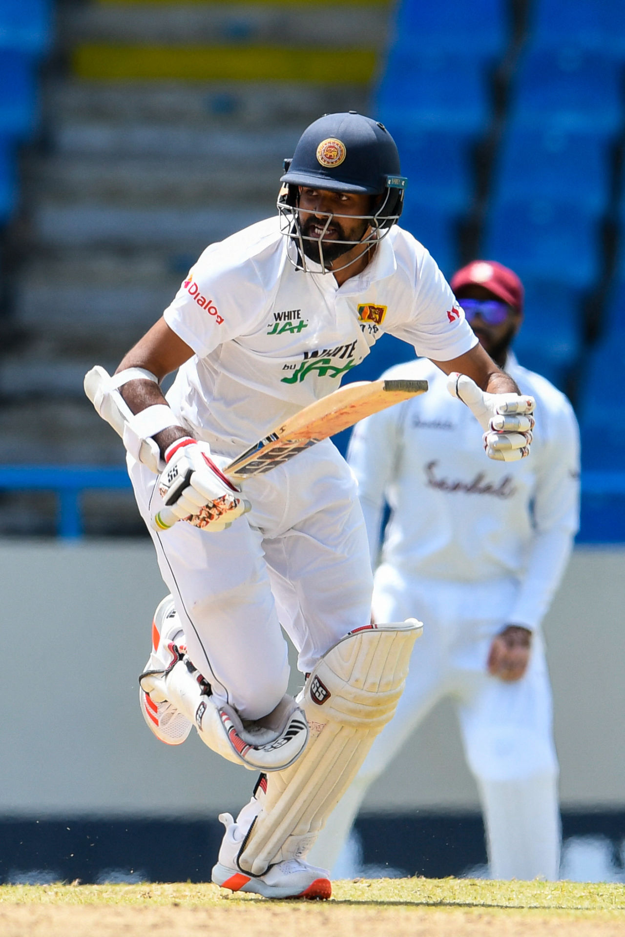 Lahiru Thirimanne sets off for a run on the way to reaching a half-century, West Indies vs Sri Lanka, 1st Test, North Sound, 1st day, March 21, 2021