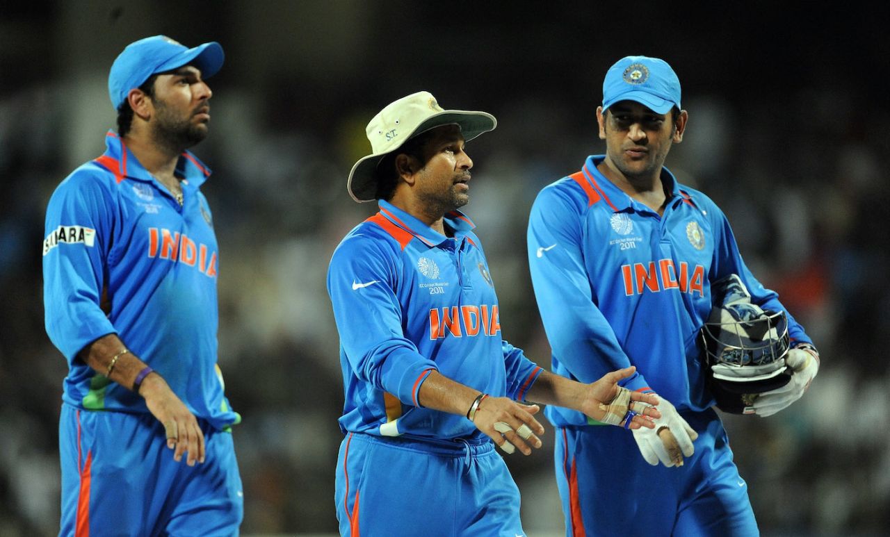 MS Dhoni, Sachin Tendulkar and Yuvraj Singh walk back to pavillion after the victory over West Indies, India vs West Indies, World Cup 2011, MA Chidambaram Stadium, Chennai, March 20, 2011