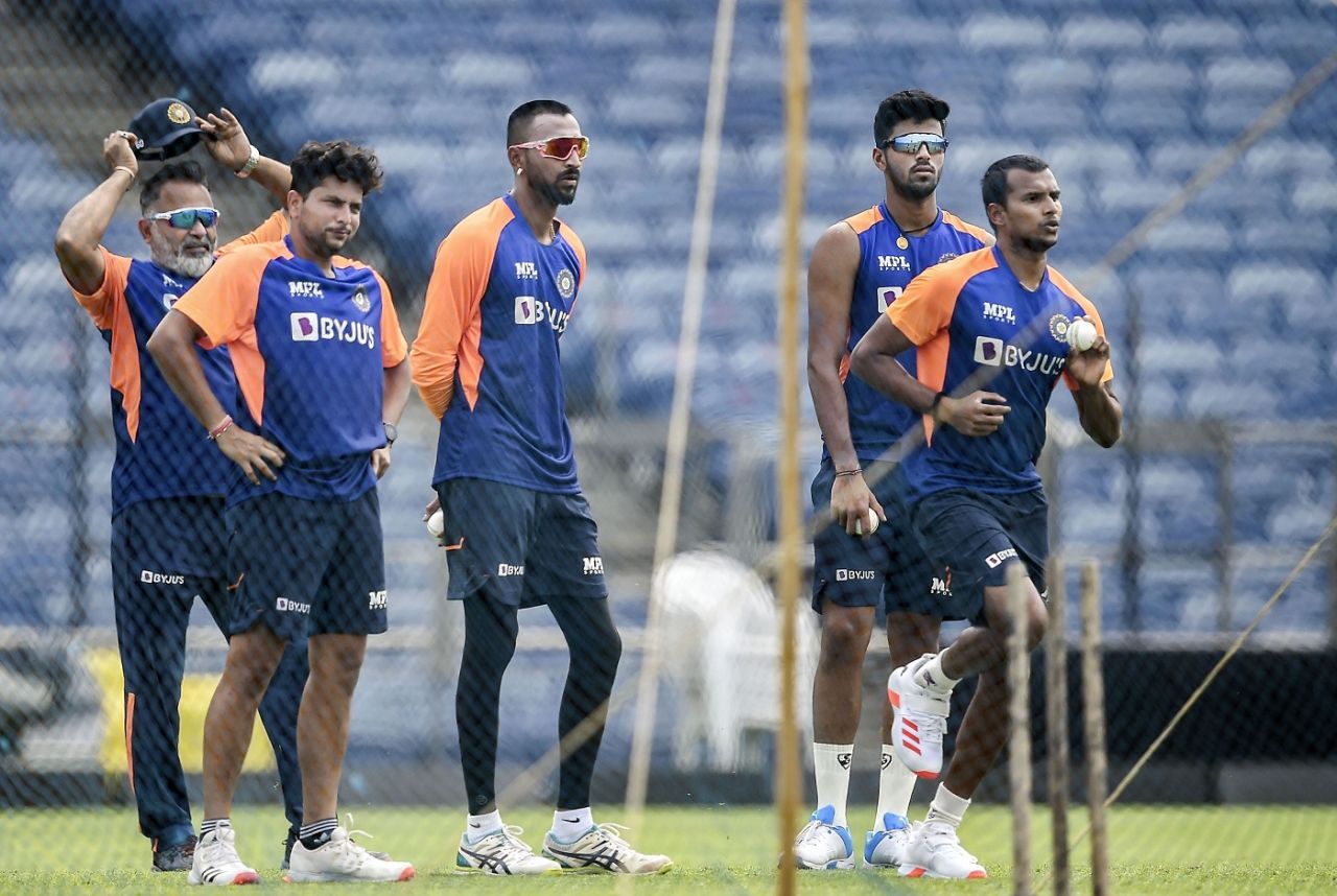 T Natarajan, Washington Sundar, Krunal Pandya, Kuldeep Yadav and B Arun at the India nets, Pune, March 22, 2021