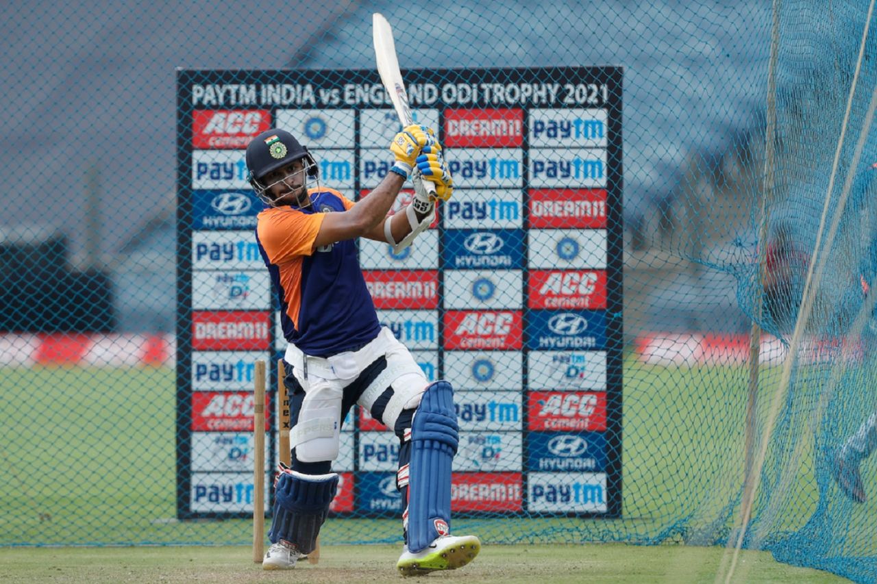 Shardul Thakur slogs one away at the nets, Pune, March 22, 2021