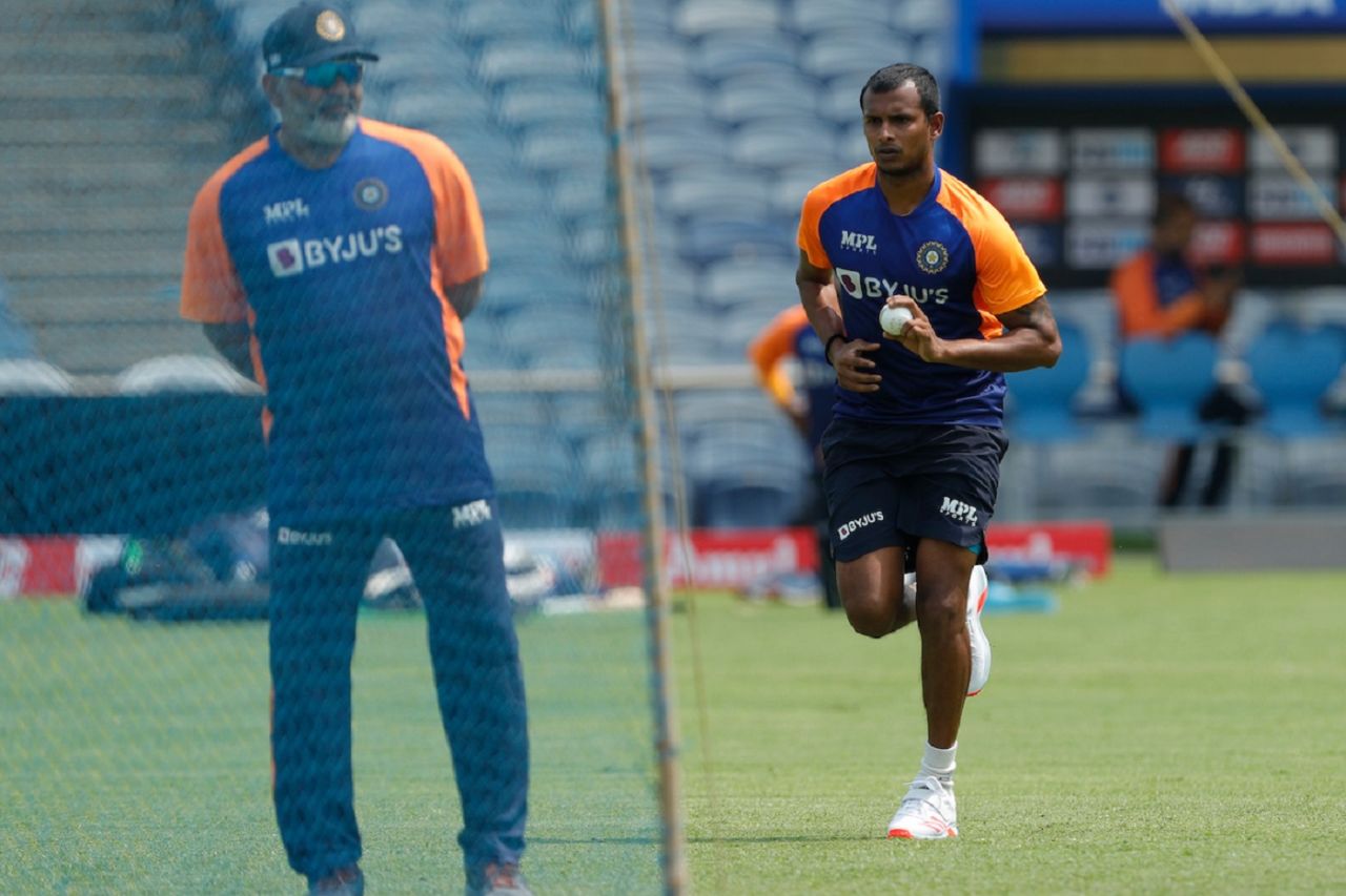T Natarajan bowls at the nets under the supervision of B Arun, Pune, March 22, 2021