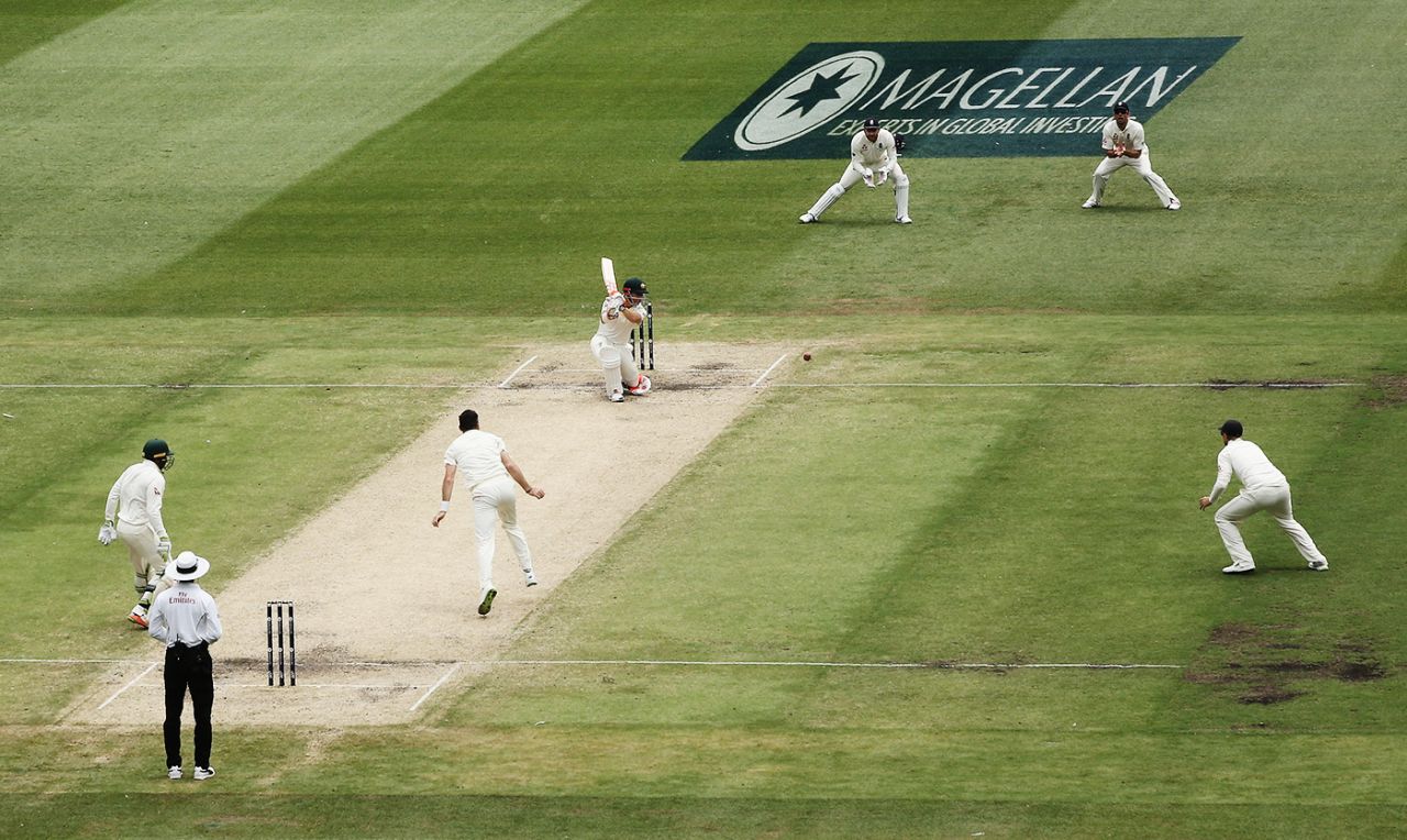 David Warner plays a shot against James Anderson, Australia vs England, fourth Test, day four, December 29, 2017