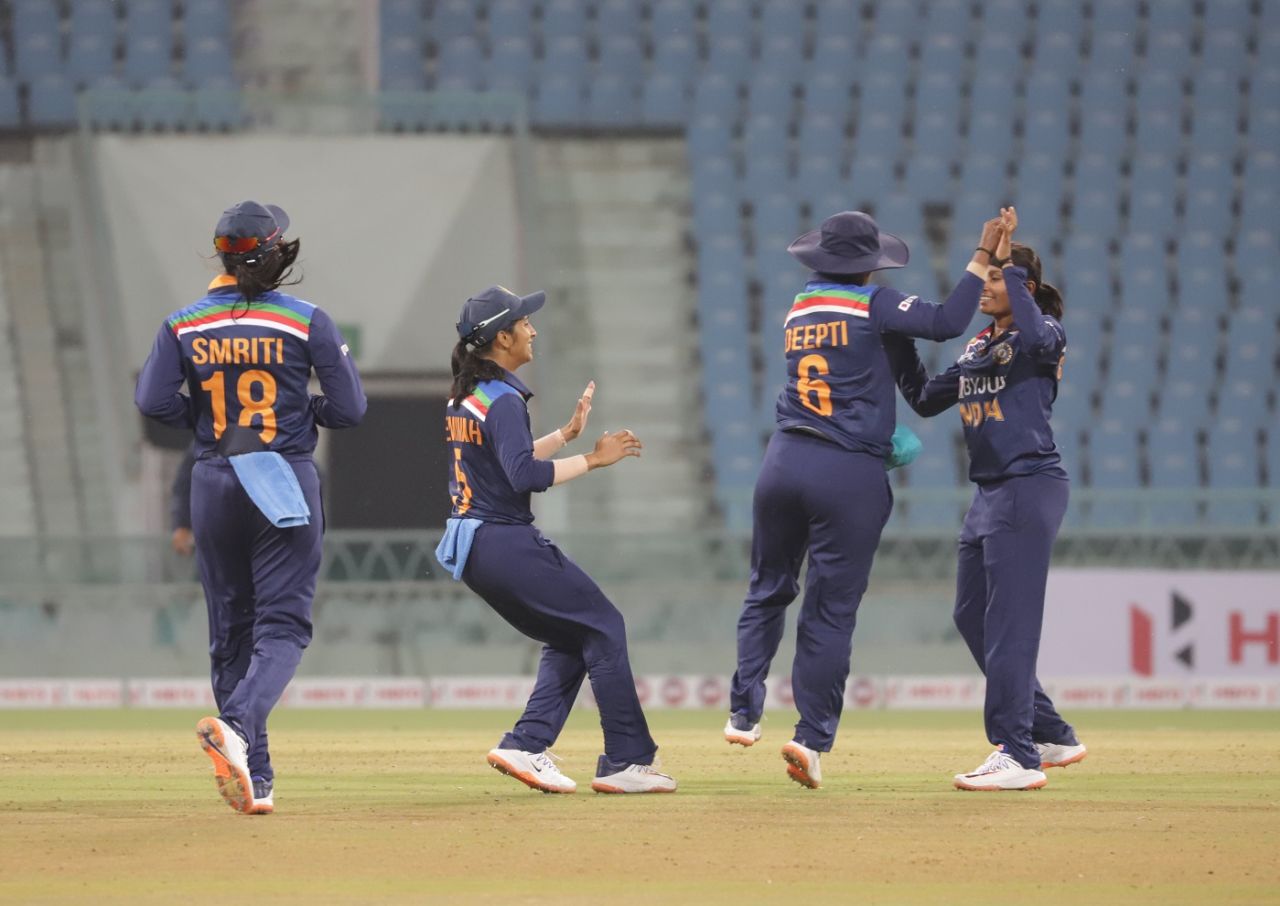 Rajeshwari Gayakwad celebrates a wicket with her team-mates, India Women vs South Africa Women, 2nd T20I, Lucknow, March 21, 2021
