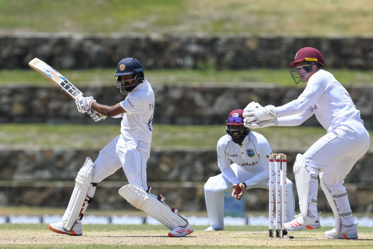 Lahiru Thirimanne rocks back and cuts, West Indies v Sri Lanka, 1st Test, North Sound, 3rd day, March 23, 2021