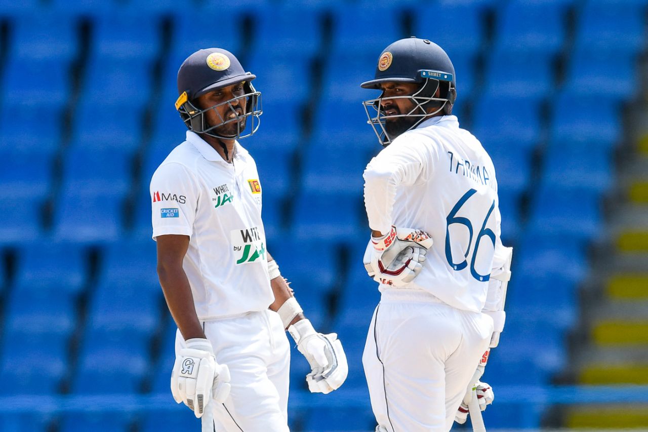Oshada Fernando and Lahiru Thirimanne produced a century stand after lunch on day three, West Indies v Sri Lanka, 1st Test, North Sound, 3rd day, March 23, 2021