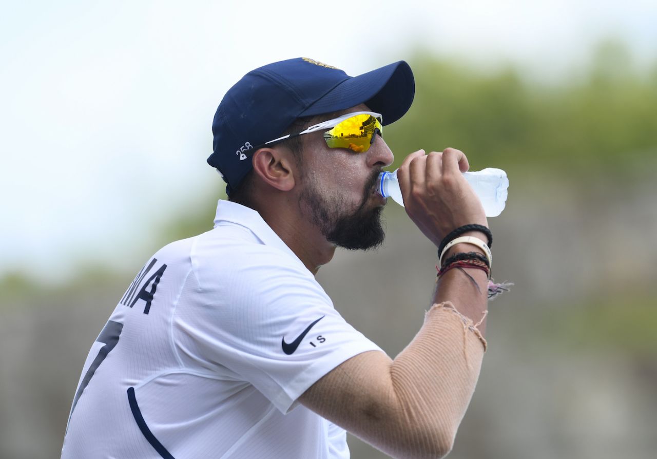 Ishant Sharma takes a drinks break, day 2, of the first Test, West Indies vs India, Vivian Richards Cricket Stadium, North Sound, Antigua, August 23, 2019